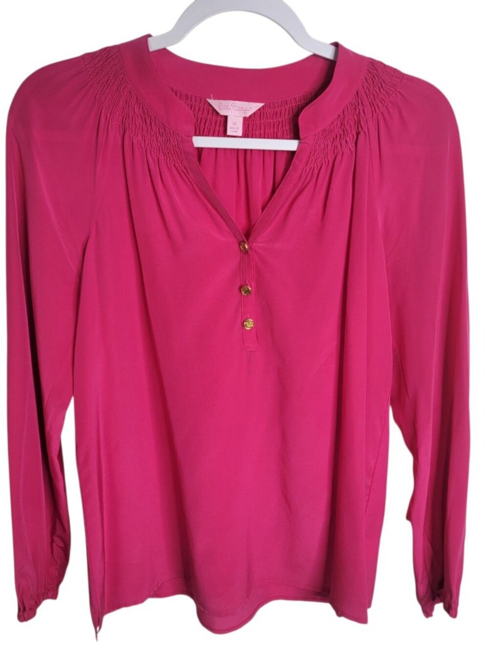 Lilly Pulitzer Pink Solid Elsa Top 100% silk long sleeve hot pink blouse XS - Picture 2 of 8